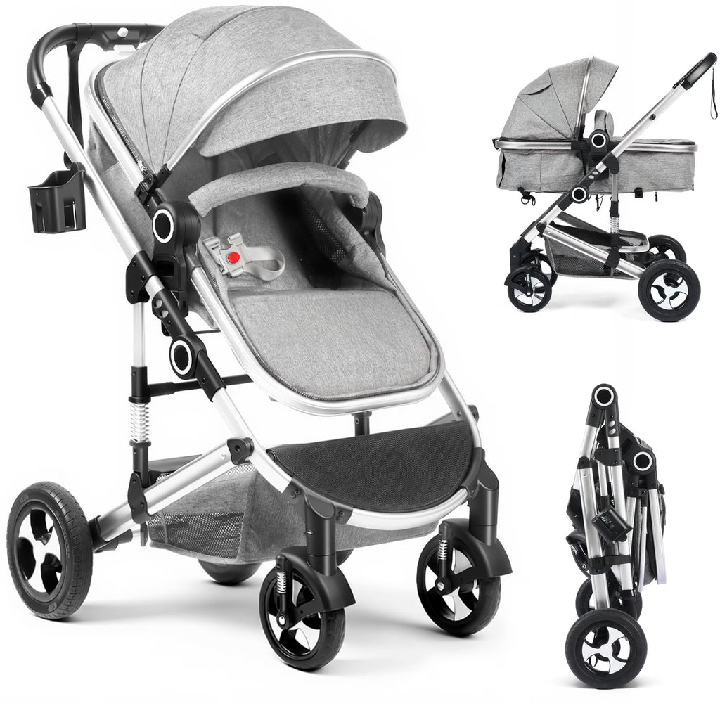 3-In-1 Convertible Baby Stroller with Big Seat and Adjustable Canopy, 24 Pounds, Light Grey