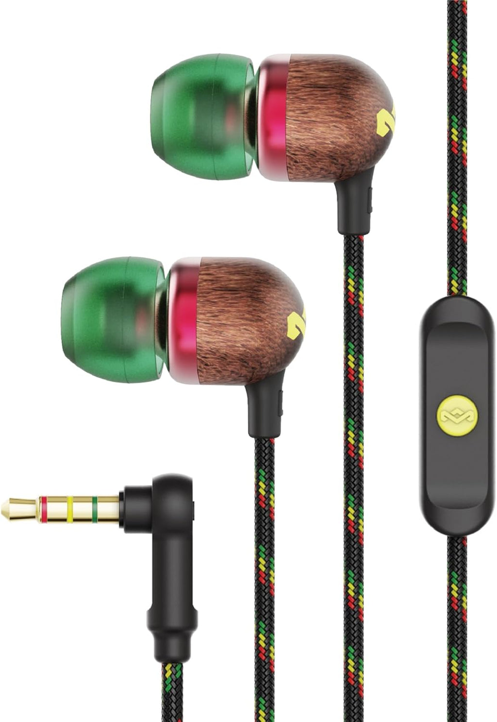 House of  Smile Jamaica AUX Wired Earbuds with Microphone, Noise-Isolating In-Ear Headphones, Tangle-Resistant Cable, 3.5Mm Jack Sustainable (Rasta)