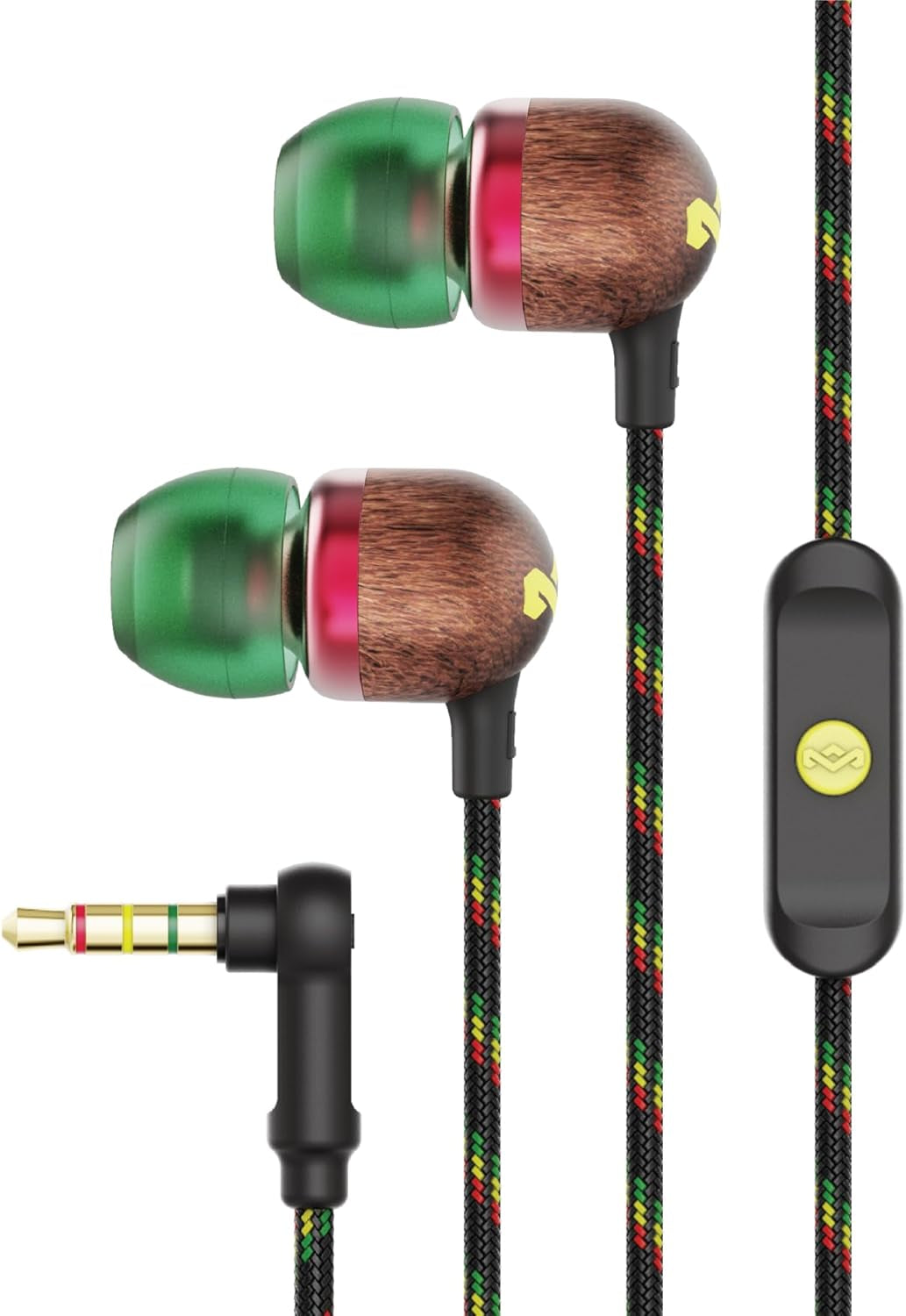 House of  Smile Jamaica AUX Wired Earbuds with Microphone, Noise-Isolating In-Ear Headphones, Tangle-Resistant Cable, 3.5Mm Jack Sustainable (Rasta)