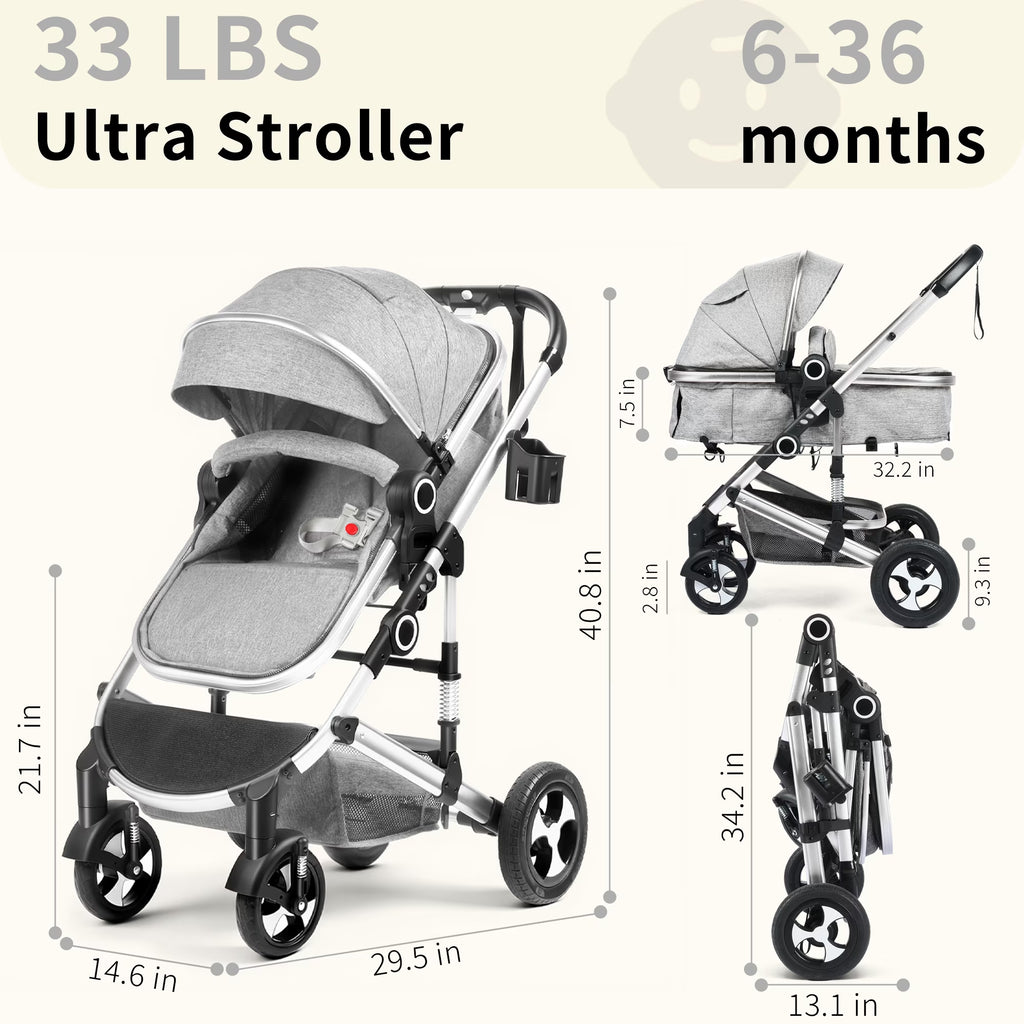 3-In-1 Convertible Baby Stroller with Big Seat and Adjustable Canopy, 24 Pounds, Light Grey