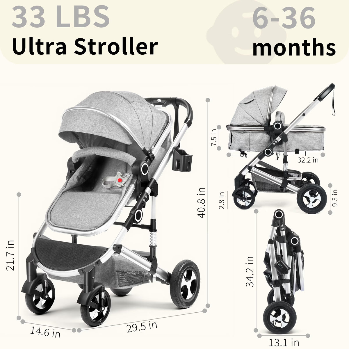 3-In-1 Convertible Baby Stroller with Big Seat and Adjustable Canopy, 24 Pounds, Light Grey