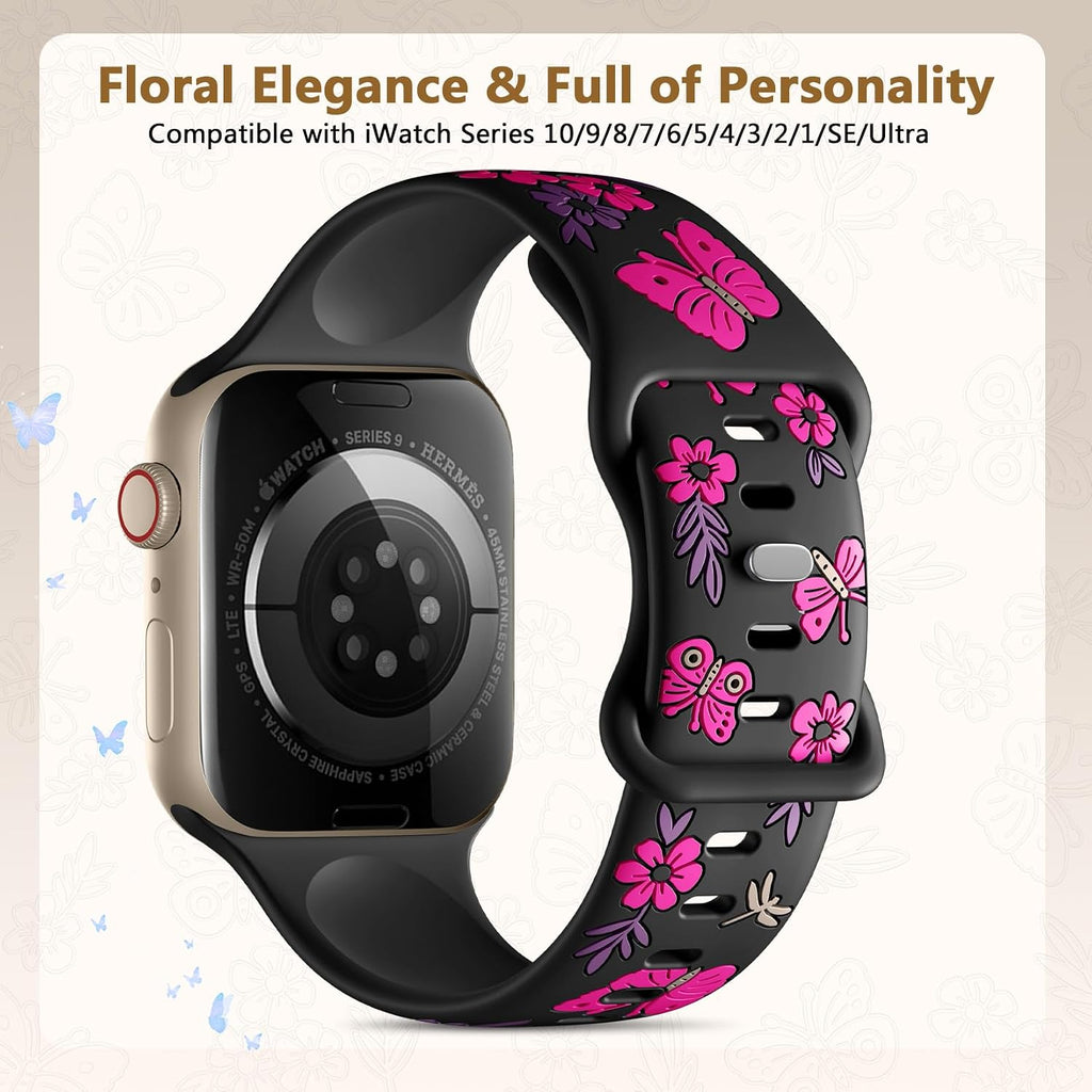 Floral Band Compatible with Apple Watch Band for Women 40Mm 38Mm 41Mm 42Mm 44Mm 45Mm 46Mm 49Mm, Soft Silicone Engraved Cute Butterfly Flower Sport Strap for Iwatch Series 10 9 8 7 6 5 4 3 2 1 SE Ultra