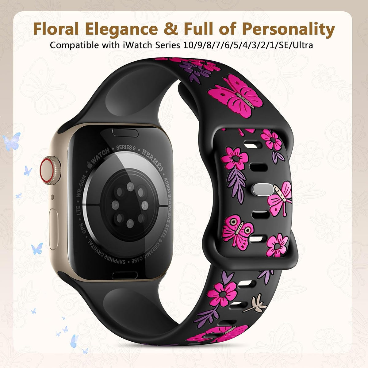 Floral Band Compatible with Apple Watch Band for Women 40Mm 38Mm 41Mm 42Mm 44Mm 45Mm 46Mm 49Mm, Soft Silicone Engraved Cute Butterfly Flower Sport Strap for Iwatch Series 10 9 8 7 6 5 4 3 2 1 SE Ultra