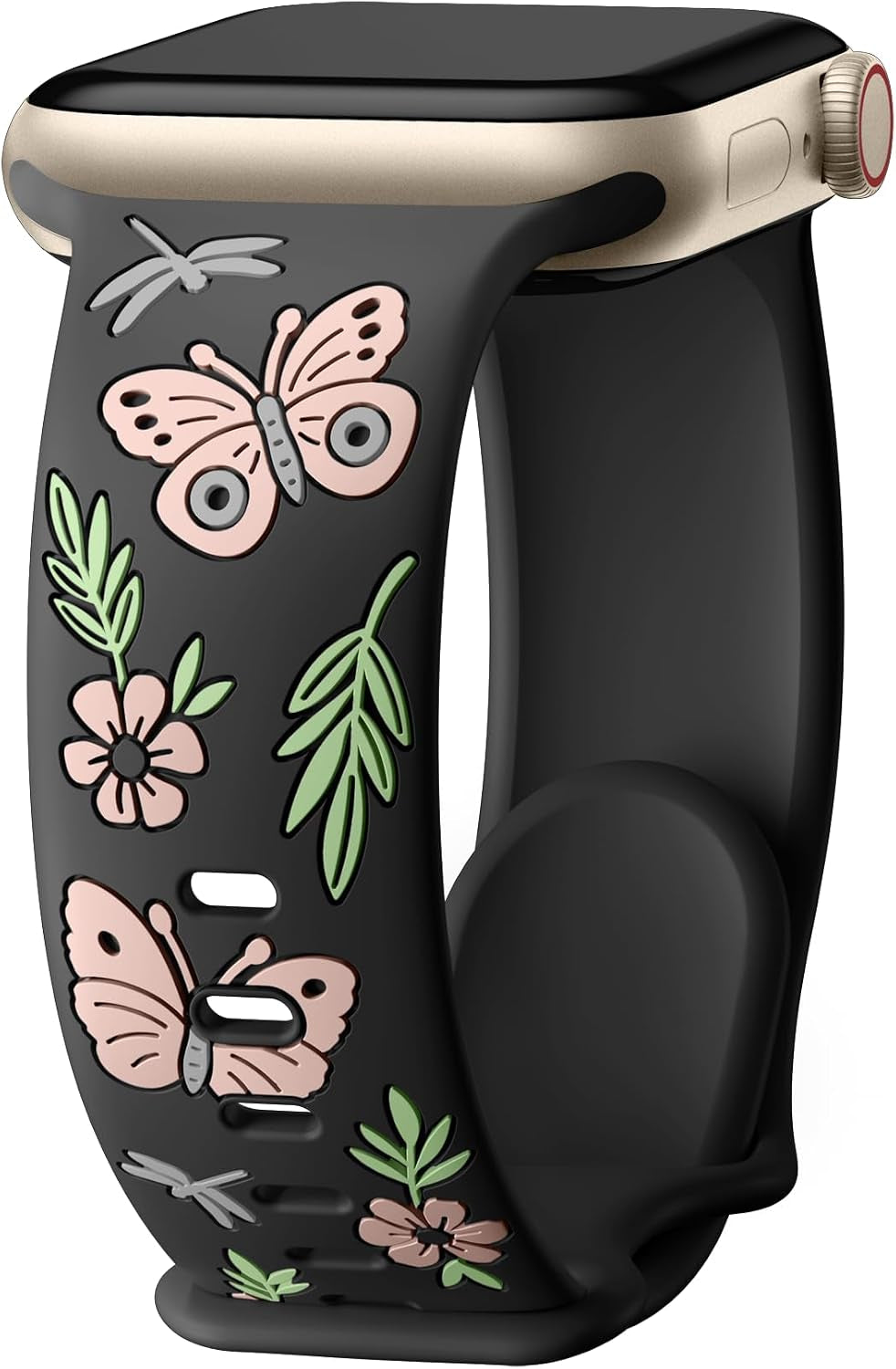 Floral Band Compatible with Apple Watch Band for Women 40Mm 38Mm 41Mm 42Mm 44Mm 45Mm 46Mm 49Mm, Soft Silicone Engraved Cute Butterfly Flower Sport Strap for Iwatch Series 10 9 8 7 6 5 4 3 2 1 SE Ultra