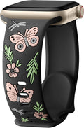Floral Band Compatible with Apple Watch Band for Women 40Mm 38Mm 41Mm 42Mm 44Mm 45Mm 46Mm 49Mm, Soft Silicone Engraved Cute Butterfly Flower Sport Strap for Iwatch Series 10 9 8 7 6 5 4 3 2 1 SE Ultra