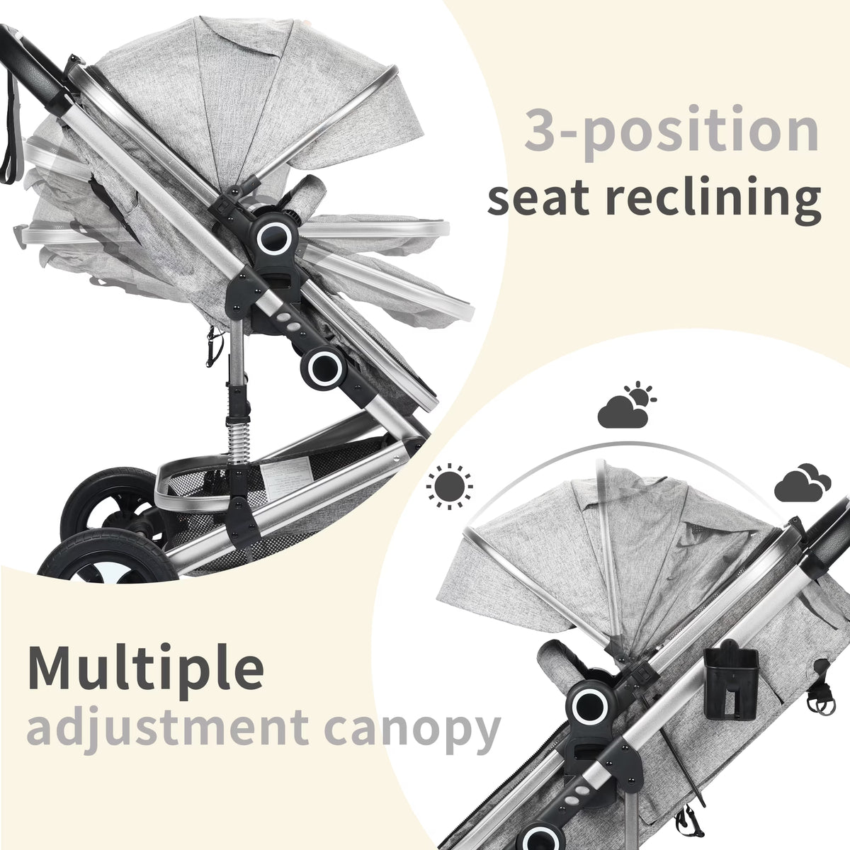 3-In-1 Convertible Baby Stroller with Big Seat and Adjustable Canopy, 24 Pounds, Light Grey