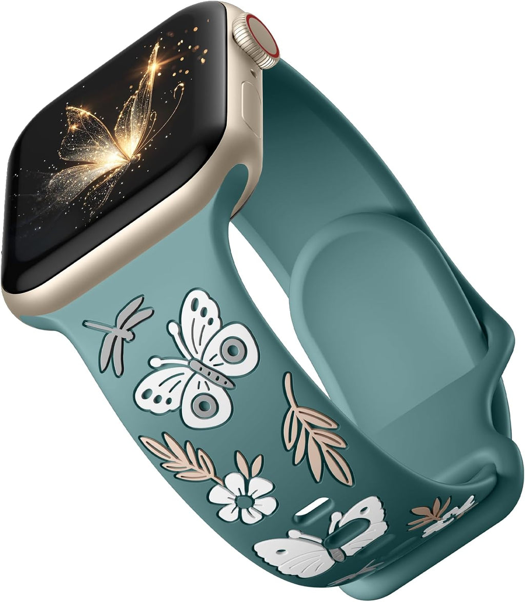 Floral Band Compatible with Apple Watch Band for Women 40Mm 38Mm 41Mm 42Mm 44Mm 45Mm 46Mm 49Mm, Soft Silicone Engraved Cute Butterfly Flower Sport Strap for Iwatch Series 10 9 8 7 6 5 4 3 2 1 SE Ultra