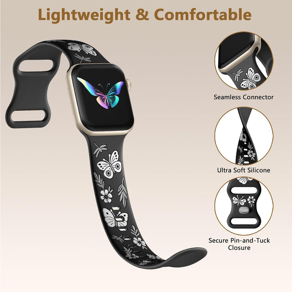 Floral Band Compatible with Apple Watch Band for Women 40Mm 38Mm 41Mm 42Mm 44Mm 45Mm 46Mm 49Mm, Soft Silicone Engraved Cute Butterfly Flower Sport Strap for Iwatch Series 10 9 8 7 6 5 4 3 2 1 SE Ultra