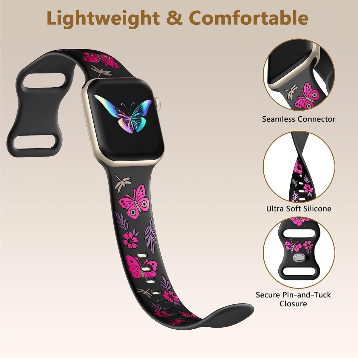 Floral Band Compatible with Apple Watch Band for Women 40Mm 38Mm 41Mm 42Mm 44Mm 45Mm 46Mm 49Mm, Soft Silicone Engraved Cute Butterfly Flower Sport Strap for Iwatch Series 10 9 8 7 6 5 4 3 2 1 SE Ultra