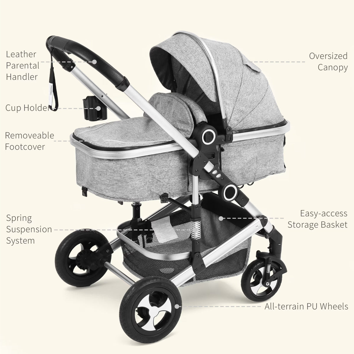 3-In-1 Convertible Baby Stroller with Big Seat and Adjustable Canopy, 24 Pounds, Light Grey