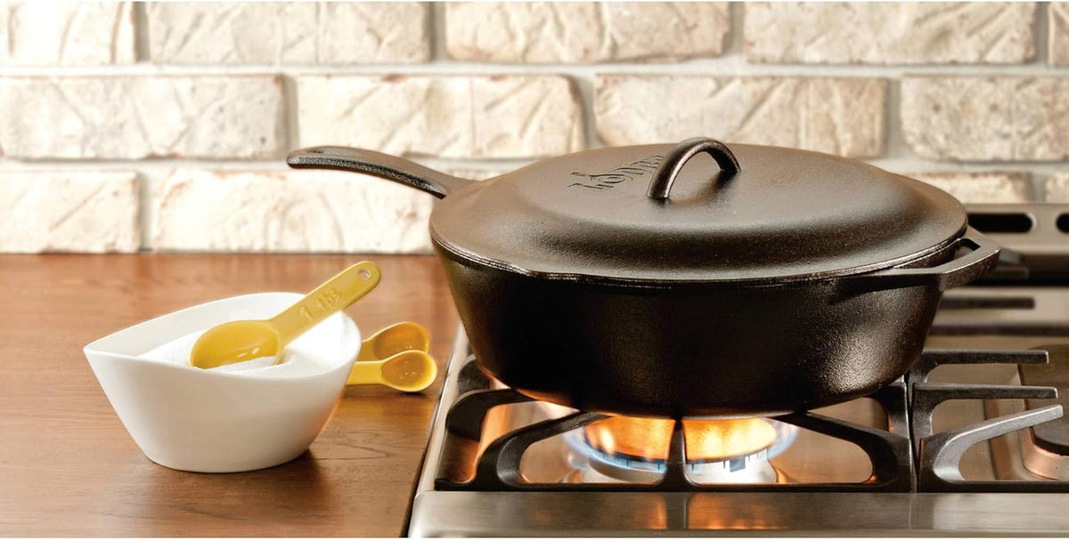 Cast Iron Covered Deep Skillet - Pre-Seasoned Deep Cast Iron Skillet with Lid - Heavy-Duty Family Size Frying Pan for Braising, Sautéing, Grilling & Everyday Cooking - 5 Quart