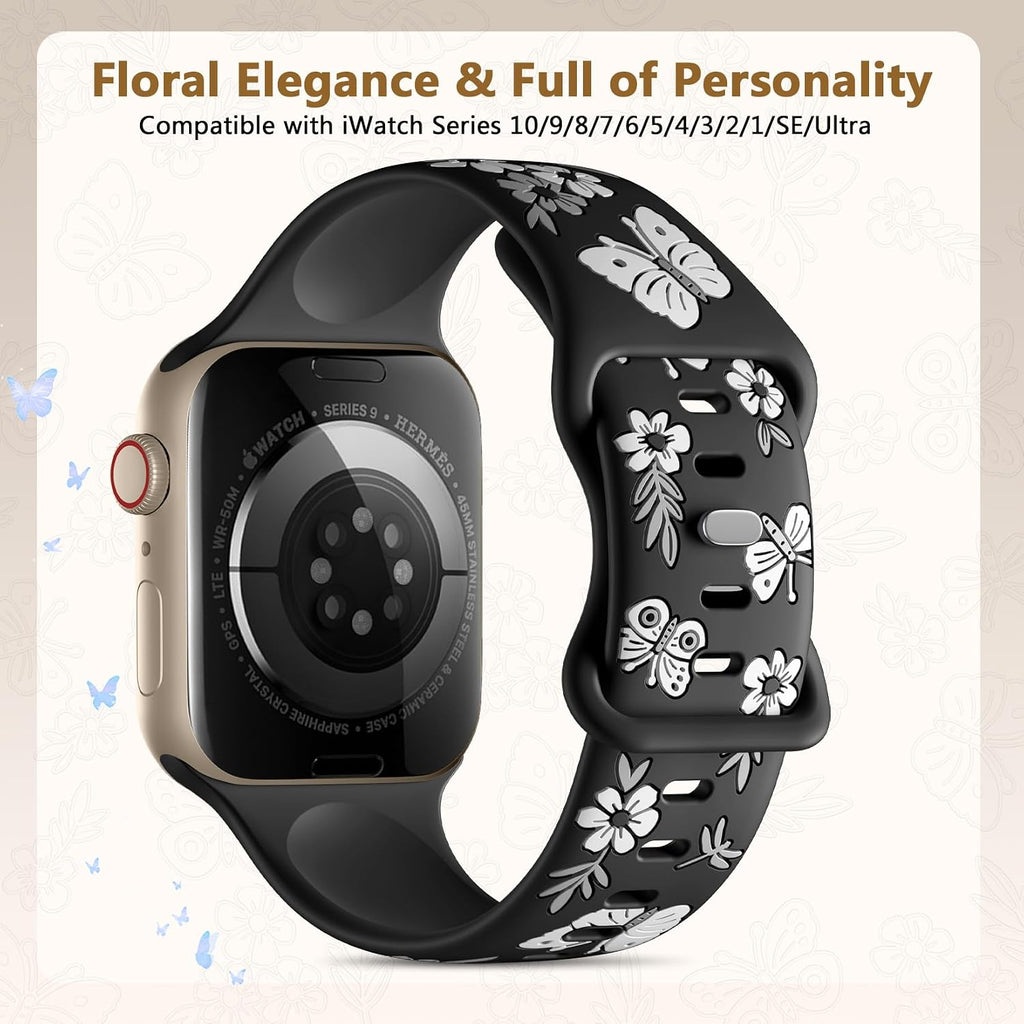 Floral Band Compatible with Apple Watch Band for Women 40Mm 38Mm 41Mm 42Mm 44Mm 45Mm 46Mm 49Mm, Soft Silicone Engraved Cute Butterfly Flower Sport Strap for Iwatch Series 10 9 8 7 6 5 4 3 2 1 SE Ultra