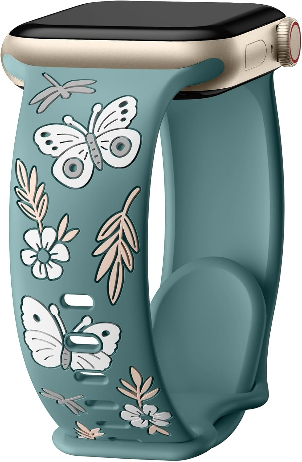 Floral Band Compatible with Apple Watch Band for Women 40Mm 38Mm 41Mm 42Mm 44Mm 45Mm 46Mm 49Mm, Soft Silicone Engraved Cute Butterfly Flower Sport Strap for Iwatch Series 10 9 8 7 6 5 4 3 2 1 SE Ultra