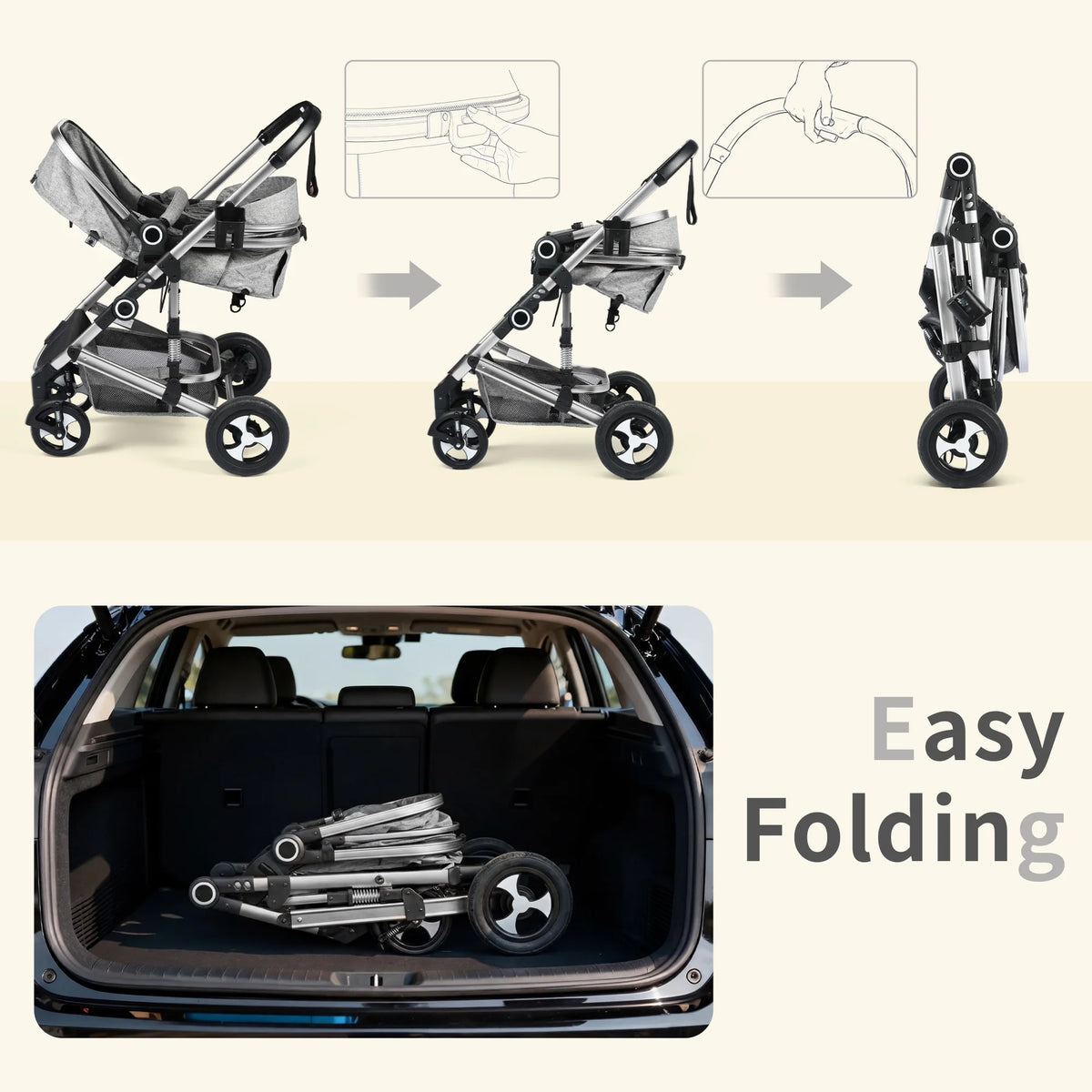 3-In-1 Convertible Baby Stroller with Big Seat and Adjustable Canopy, 24 Pounds, Light Grey