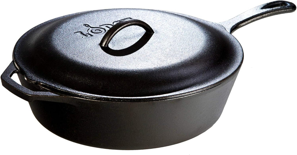 Cast Iron Covered Deep Skillet - Pre-Seasoned Deep Cast Iron Skillet with Lid - Heavy-Duty Family Size Frying Pan for Braising, Sautéing, Grilling & Everyday Cooking - 5 Quart