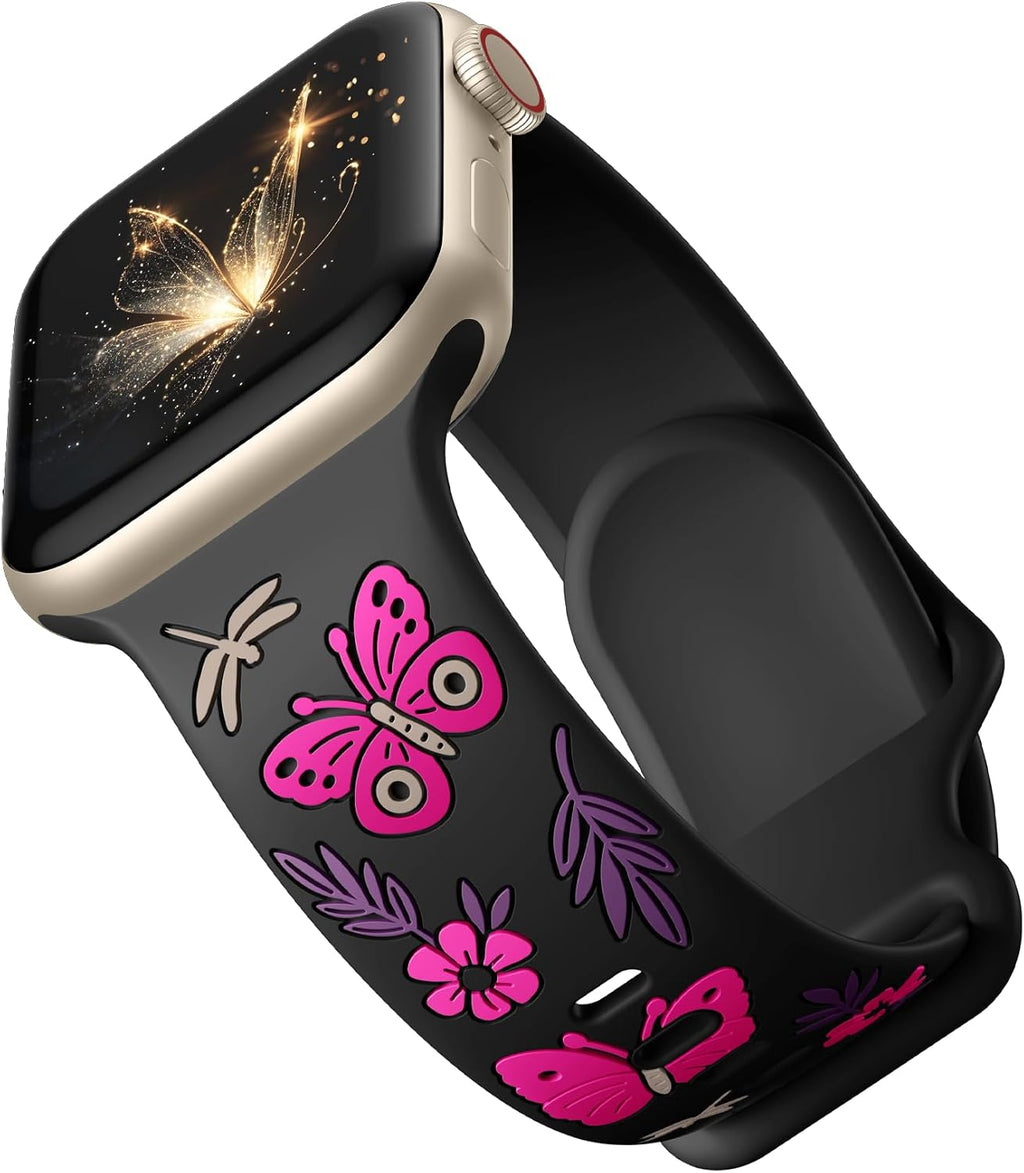 Floral Band Compatible with Apple Watch Band for Women 40Mm 38Mm 41Mm 42Mm 44Mm 45Mm 46Mm 49Mm, Soft Silicone Engraved Cute Butterfly Flower Sport Strap for Iwatch Series 10 9 8 7 6 5 4 3 2 1 SE Ultra
