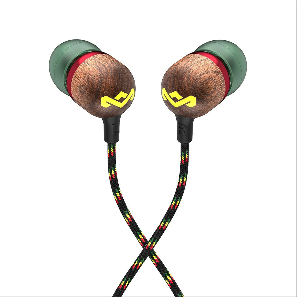 House of  Smile Jamaica AUX Wired Earbuds with Microphone, Noise-Isolating In-Ear Headphones, Tangle-Resistant Cable, 3.5Mm Jack Sustainable (Rasta)