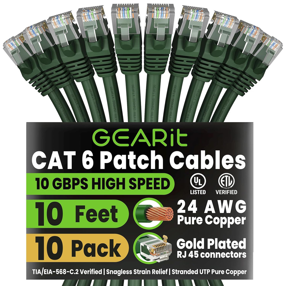Cat 6 Ethernet Patch Cable 10 Ft Green (10 Pack) Cat6 Patch Cables 10Ft Green/Ethernet Patch Cable, 10Gbps 550Mhz 24AWG Pure Copper, Snagless, Gold Plated RJ45 for Router, Server, Router, PC