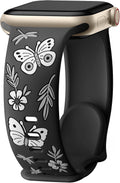 Floral Band Compatible with Apple Watch Band for Women 40Mm 38Mm 41Mm 42Mm 44Mm 45Mm 46Mm 49Mm, Soft Silicone Engraved Cute Butterfly Flower Sport Strap for Iwatch Series 10 9 8 7 6 5 4 3 2 1 SE Ultra