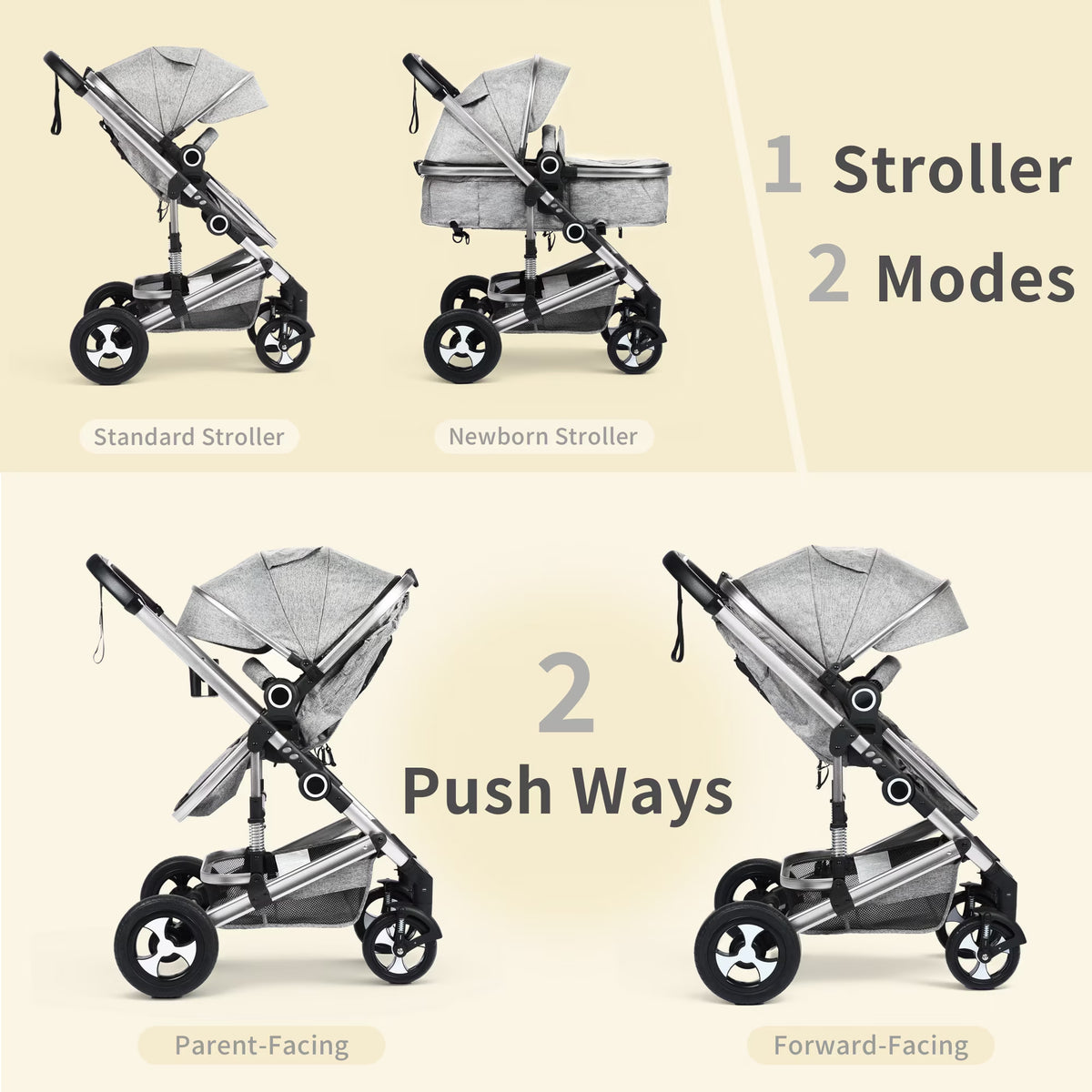 3-In-1 Convertible Baby Stroller with Big Seat and Adjustable Canopy, 24 Pounds, Light Grey