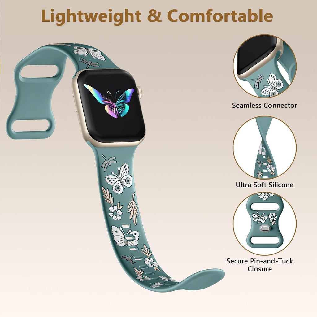 Floral Band Compatible with Apple Watch Band for Women 40Mm 38Mm 41Mm 42Mm 44Mm 45Mm 46Mm 49Mm, Soft Silicone Engraved Cute Butterfly Flower Sport Strap for Iwatch Series 10 9 8 7 6 5 4 3 2 1 SE Ultra