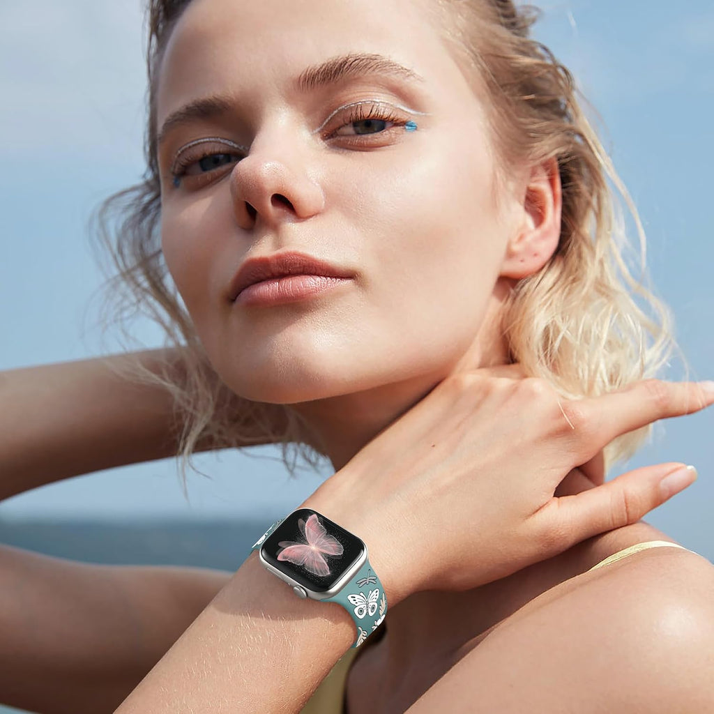 Floral Band Compatible with Apple Watch Band for Women 40Mm 38Mm 41Mm 42Mm 44Mm 45Mm 46Mm 49Mm, Soft Silicone Engraved Cute Butterfly Flower Sport Strap for Iwatch Series 10 9 8 7 6 5 4 3 2 1 SE Ultra