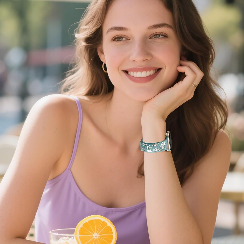 Floral Band Compatible with Apple Watch Band for Women 40Mm 38Mm 41Mm 42Mm 44Mm 45Mm 46Mm 49Mm, Soft Silicone Engraved Cute Butterfly Flower Sport Strap for Iwatch Series 10 9 8 7 6 5 4 3 2 1 SE Ultra