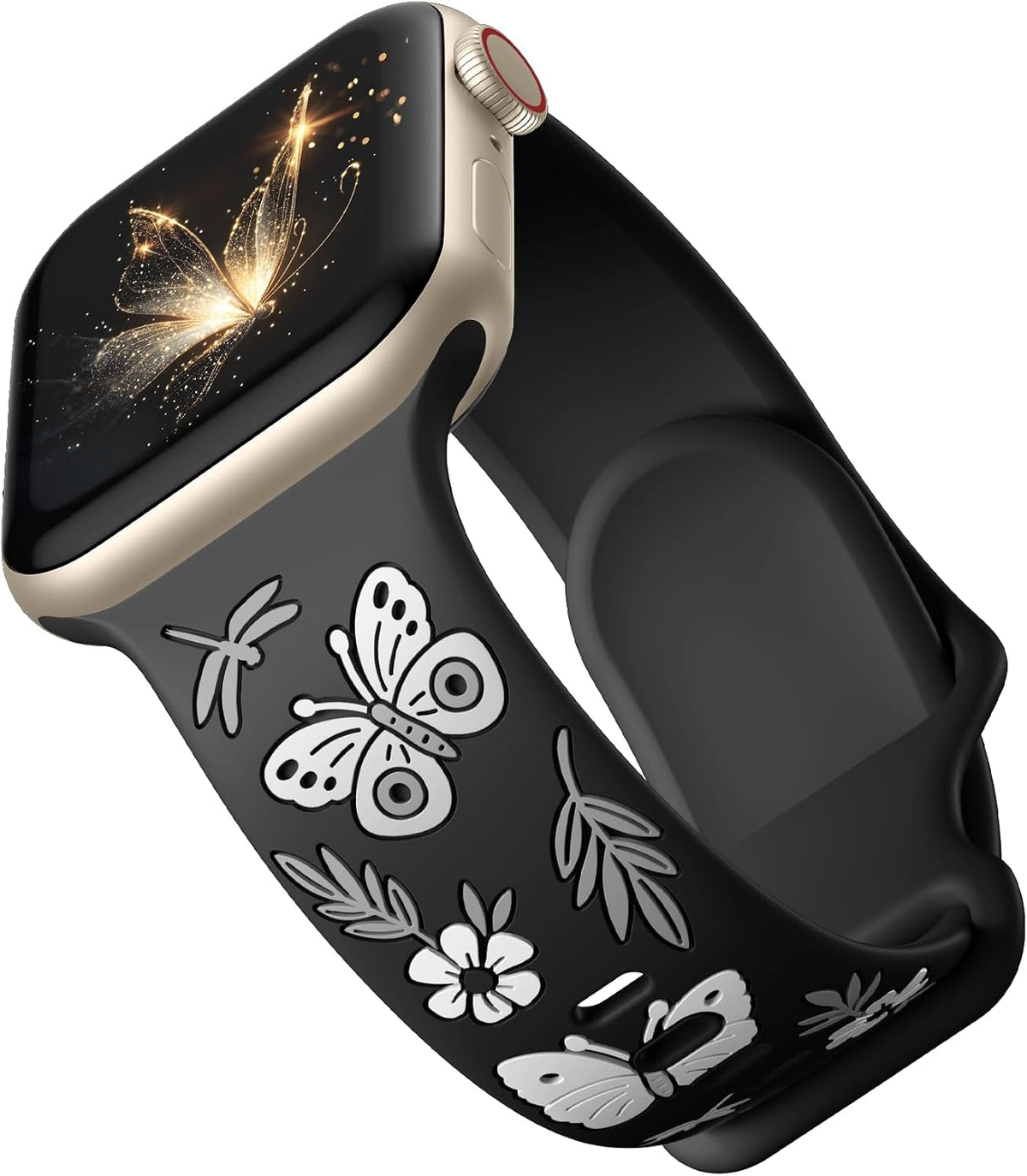 Floral Band Compatible with Apple Watch Band for Women 40Mm 38Mm 41Mm 42Mm 44Mm 45Mm 46Mm 49Mm, Soft Silicone Engraved Cute Butterfly Flower Sport Strap for Iwatch Series 10 9 8 7 6 5 4 3 2 1 SE Ultra