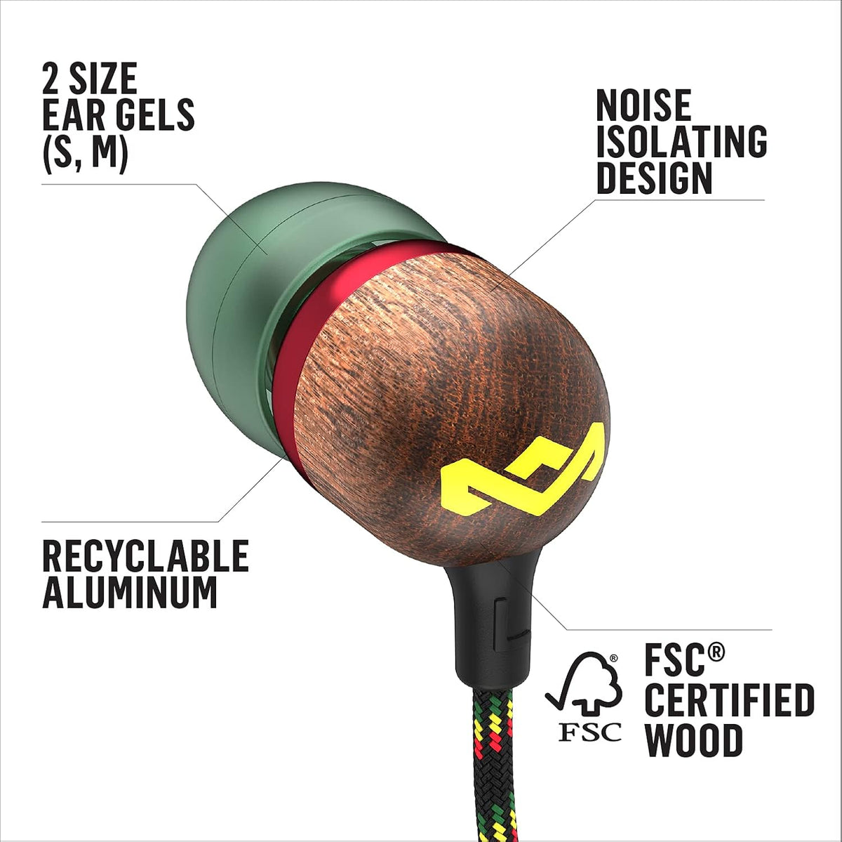 House of  Smile Jamaica AUX Wired Earbuds with Microphone, Noise-Isolating In-Ear Headphones, Tangle-Resistant Cable, 3.5Mm Jack Sustainable (Rasta)