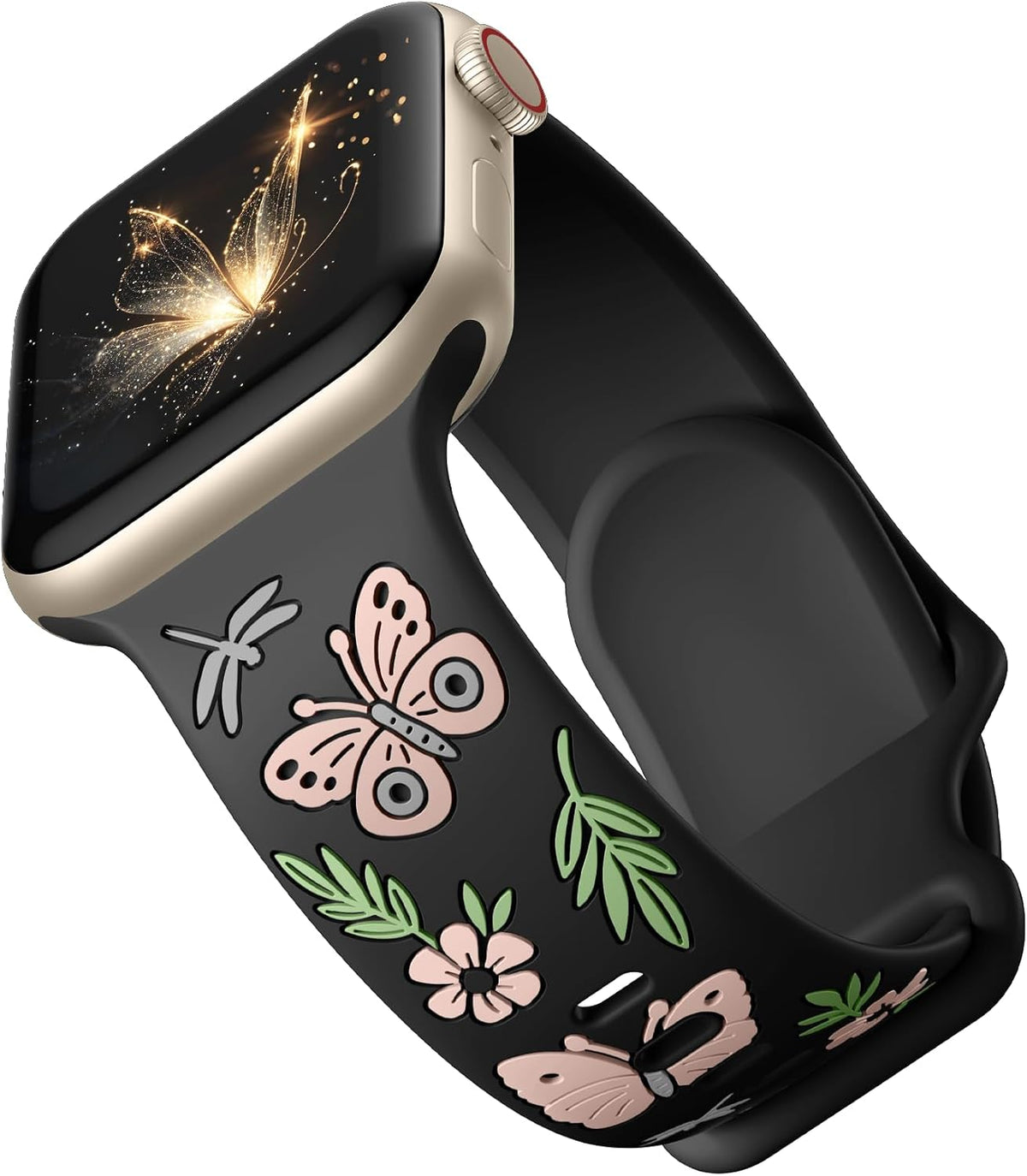 Floral Band Compatible with Apple Watch Band for Women 40Mm 38Mm 41Mm 42Mm 44Mm 45Mm 46Mm 49Mm, Soft Silicone Engraved Cute Butterfly Flower Sport Strap for Iwatch Series 10 9 8 7 6 5 4 3 2 1 SE Ultra
