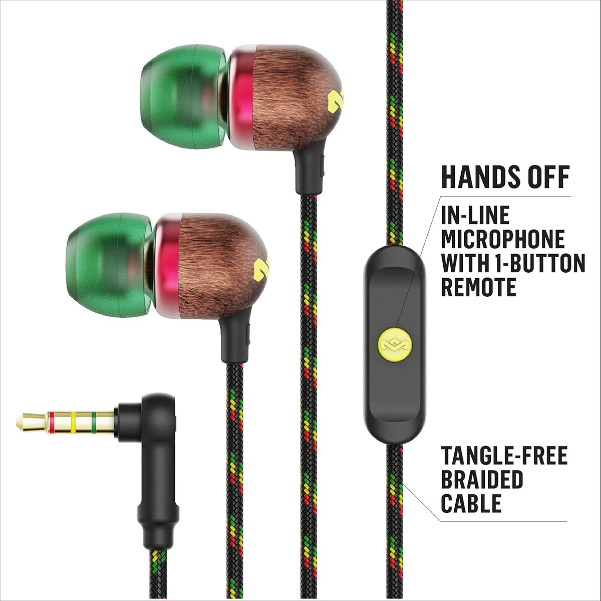 House of  Smile Jamaica AUX Wired Earbuds with Microphone, Noise-Isolating In-Ear Headphones, Tangle-Resistant Cable, 3.5Mm Jack Sustainable (Rasta)