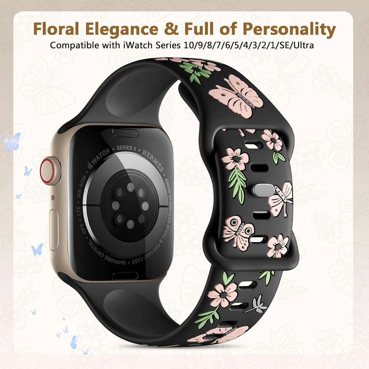 Floral Band Compatible with Apple Watch Band for Women 40Mm 38Mm 41Mm 42Mm 44Mm 45Mm 46Mm 49Mm, Soft Silicone Engraved Cute Butterfly Flower Sport Strap for Iwatch Series 10 9 8 7 6 5 4 3 2 1 SE Ultra
