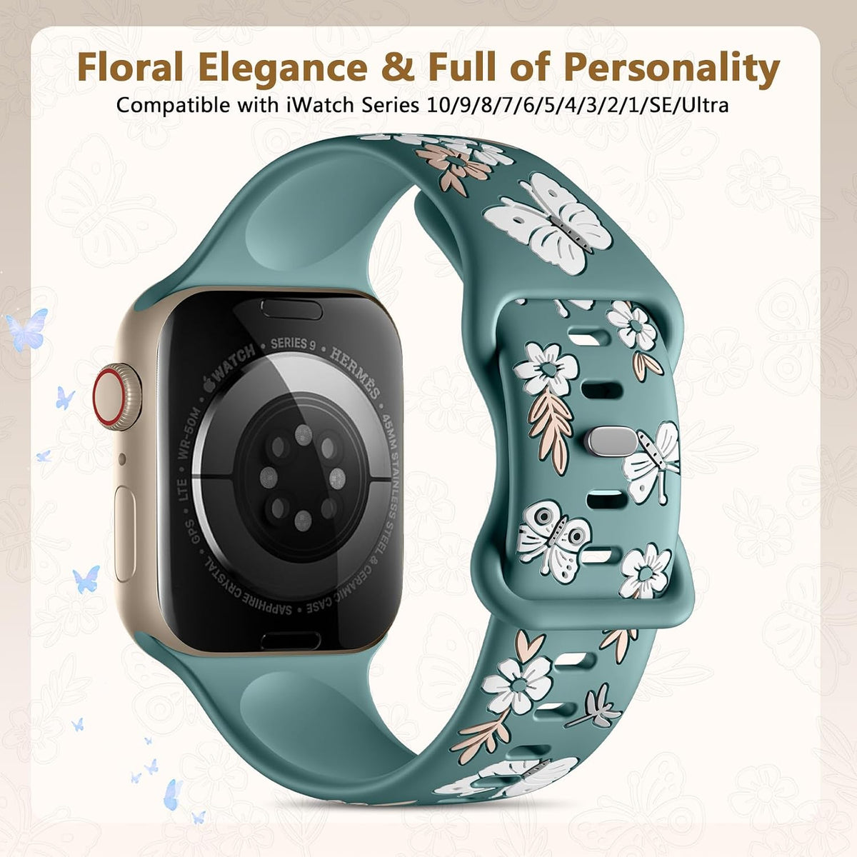 Floral Band Compatible with Apple Watch Band for Women 40Mm 38Mm 41Mm 42Mm 44Mm 45Mm 46Mm 49Mm, Soft Silicone Engraved Cute Butterfly Flower Sport Strap for Iwatch Series 10 9 8 7 6 5 4 3 2 1 SE Ultra
