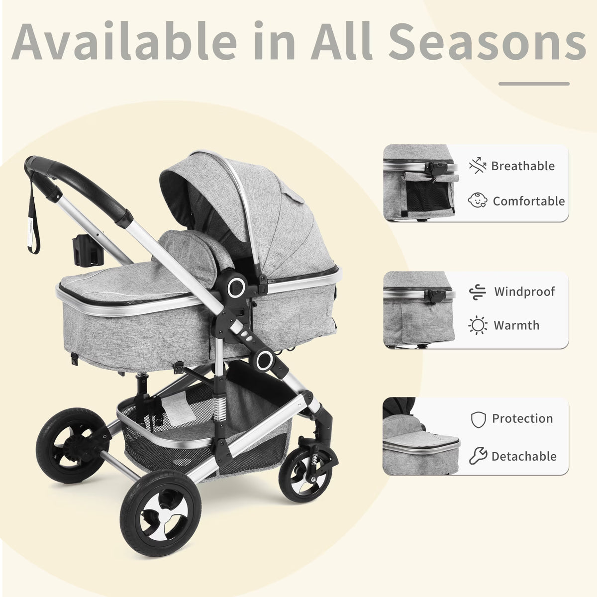 3-In-1 Convertible Baby Stroller with Big Seat and Adjustable Canopy, 24 Pounds, Light Grey
