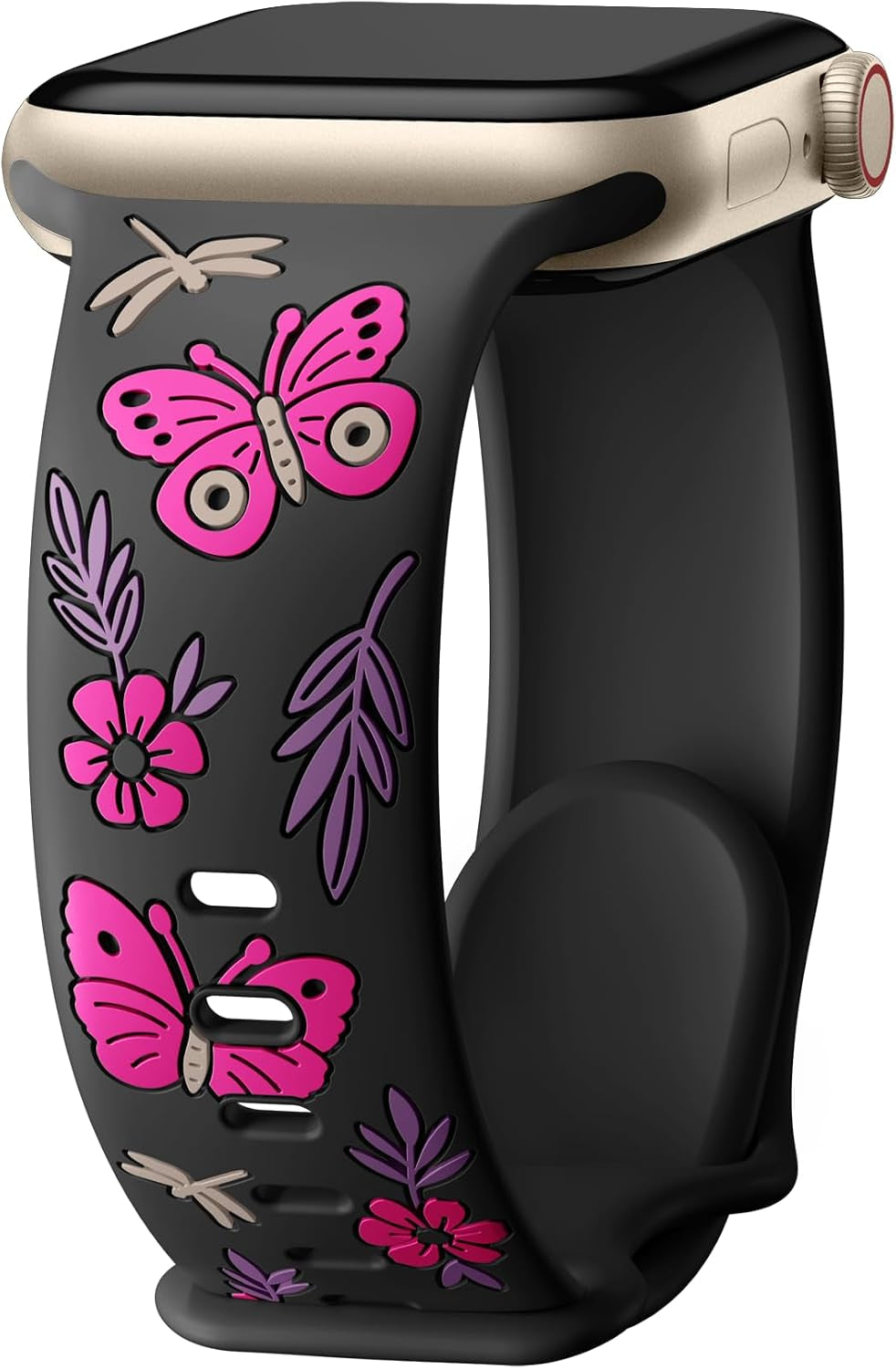 Floral Band Compatible with Apple Watch Band for Women 40Mm 38Mm 41Mm 42Mm 44Mm 45Mm 46Mm 49Mm, Soft Silicone Engraved Cute Butterfly Flower Sport Strap for Iwatch Series 10 9 8 7 6 5 4 3 2 1 SE Ultra