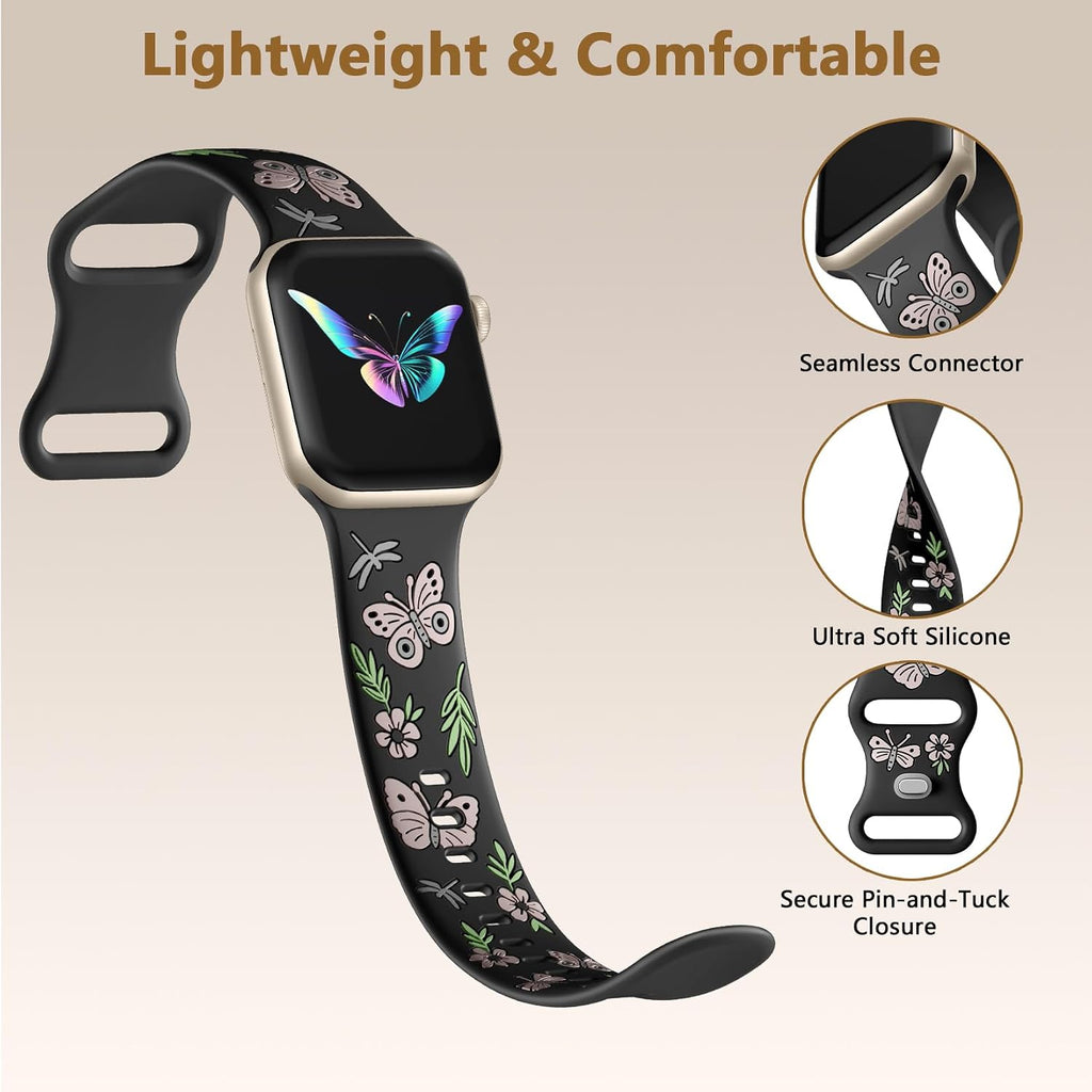 Floral Band Compatible with Apple Watch Band for Women 40Mm 38Mm 41Mm 42Mm 44Mm 45Mm 46Mm 49Mm, Soft Silicone Engraved Cute Butterfly Flower Sport Strap for Iwatch Series 10 9 8 7 6 5 4 3 2 1 SE Ultra